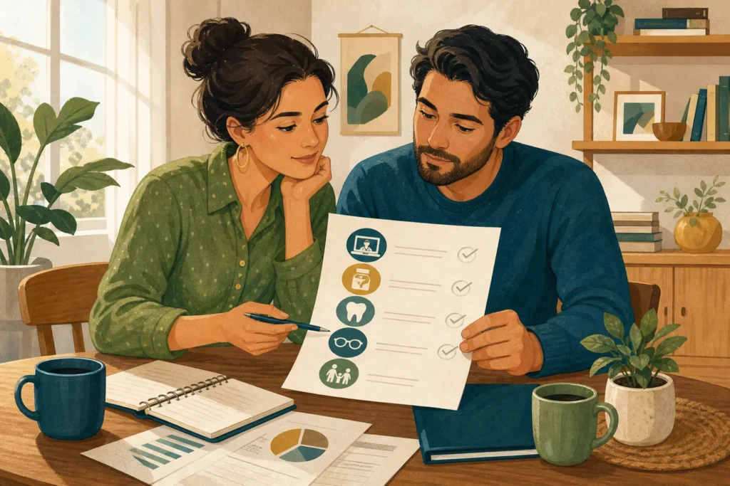 Couple comparing telehealth, prescription, dental, and family healthcare savings options.