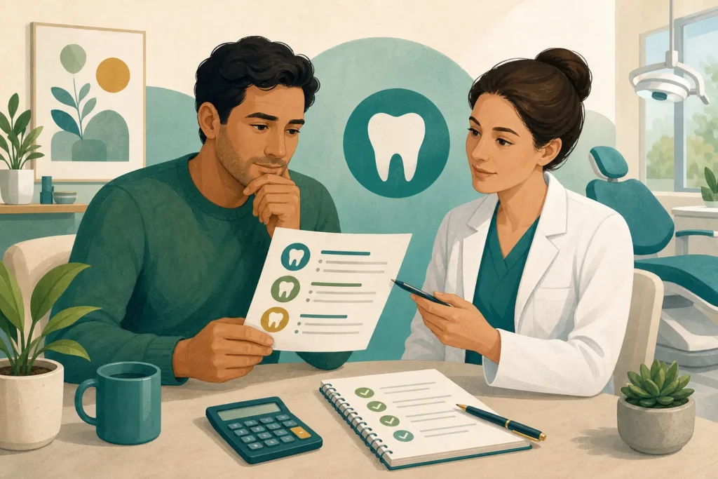 Patient comparing dental savings plan options with a dentist.