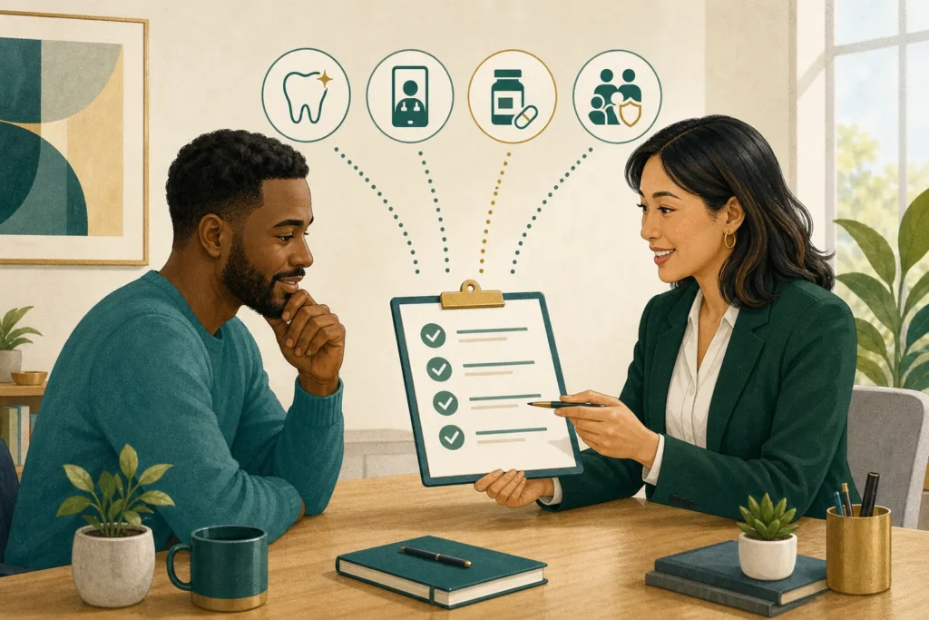 Adult reviewing health savings plan questions with an advisor.