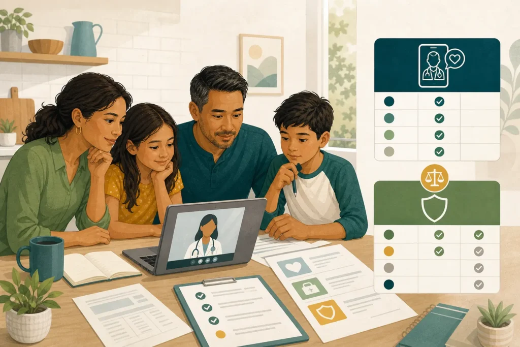 Family comparing a telehealth visit with health insurance coverage at a kitchen table.