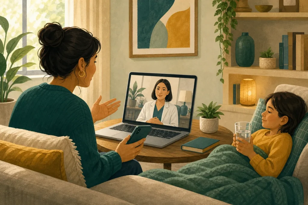 Parent using a telehealth visit for a child at home.