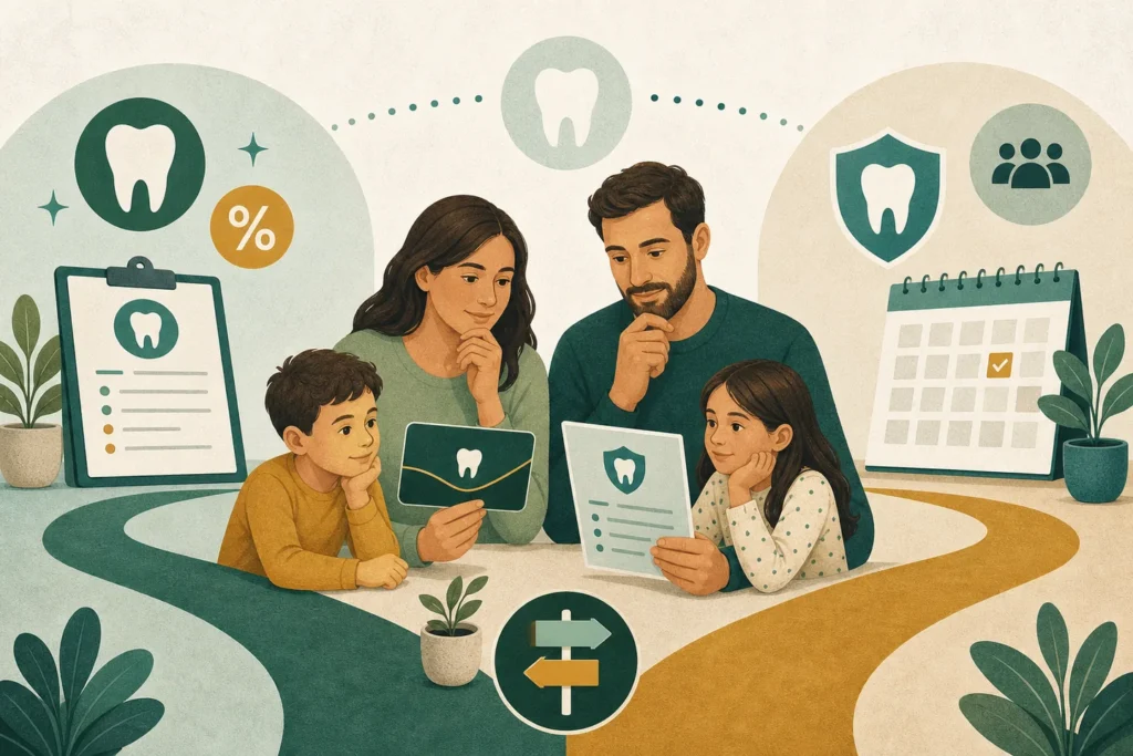 Family comparing a dental savings plan with dental insurance.