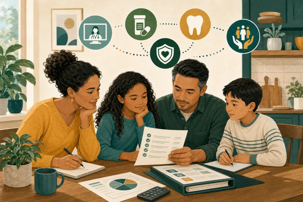 Family completing a medical savings plan checklist at the kitchen table.