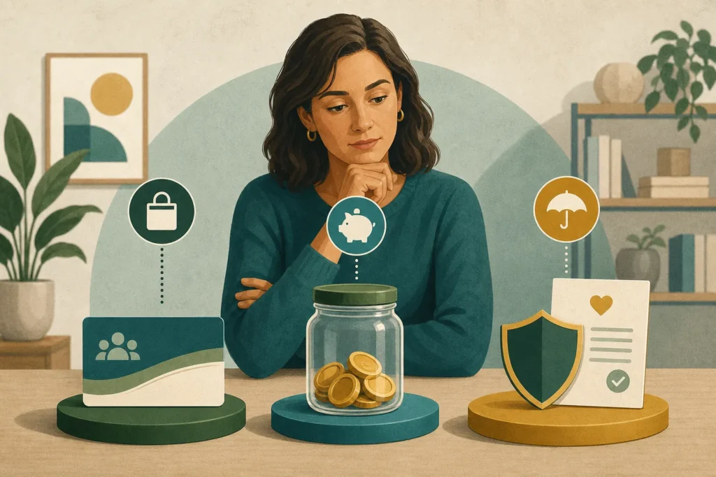 Person comparing a healthcare discount membership, savings account, and insurance coverage.