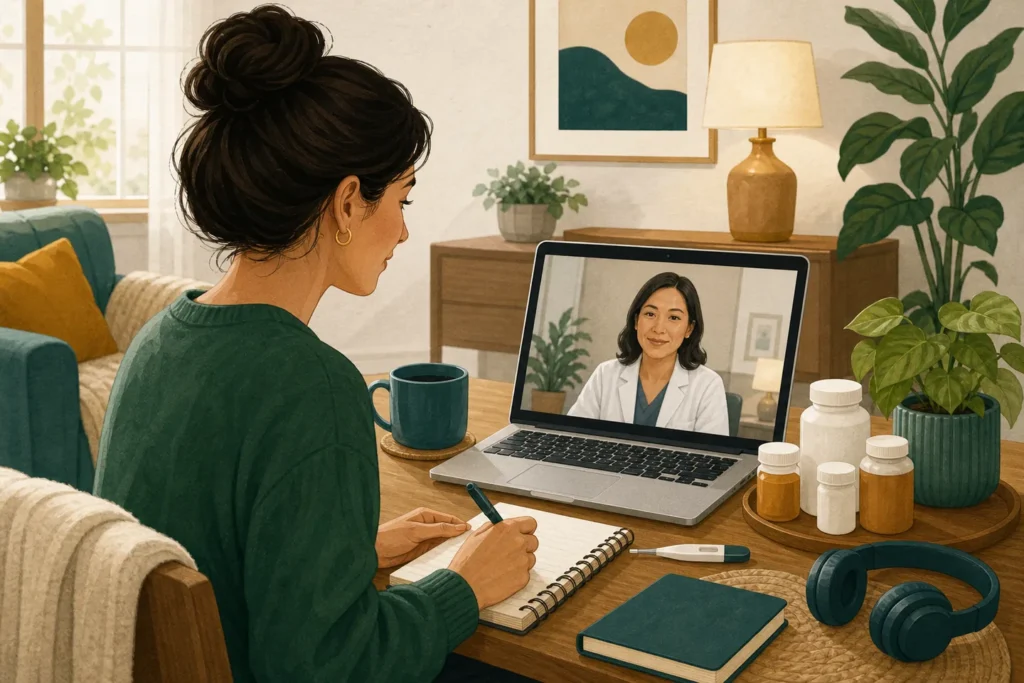 Person preparing a medication list and equipment for a telehealth visit.