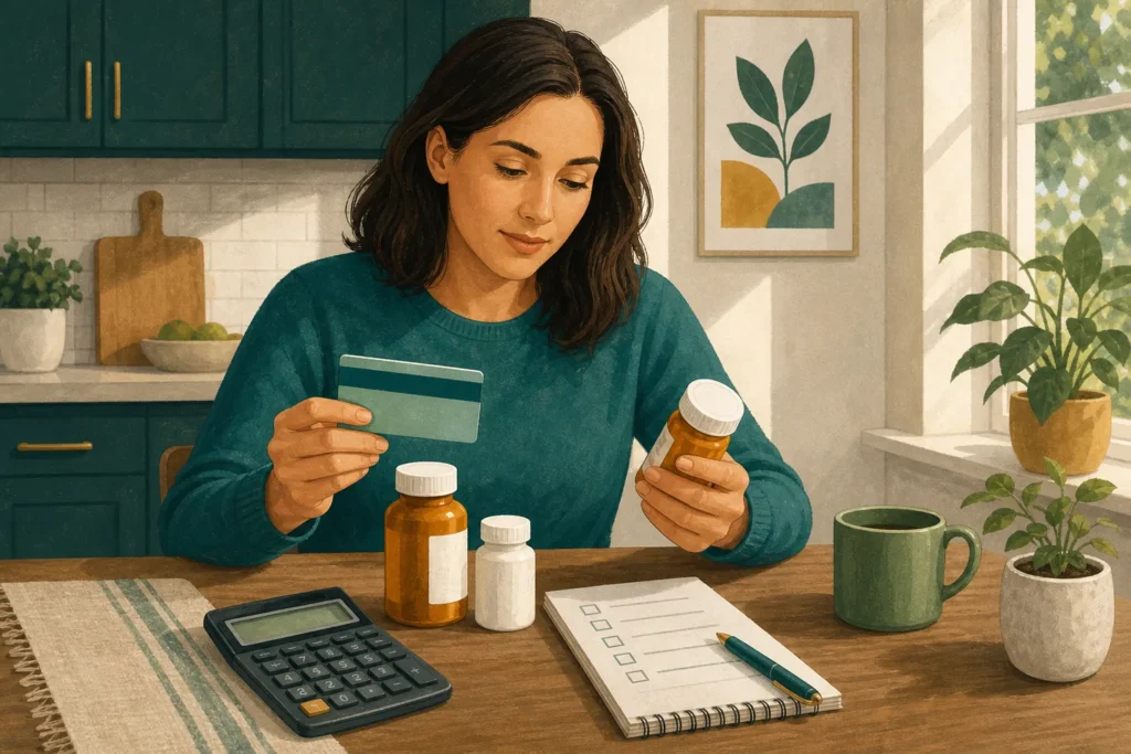 Person comparing prescription savings before a pharmacy visit.