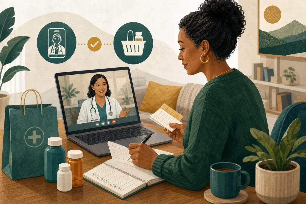 Adult planning prescription pickup after a telehealth visit.