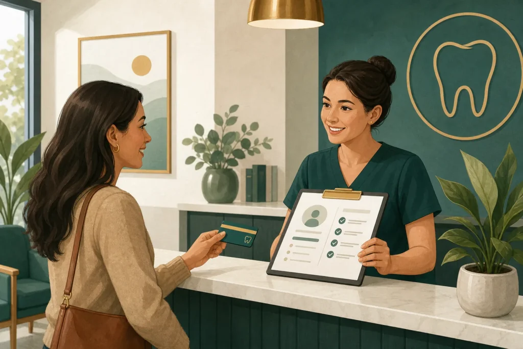 Patient presenting a dental savings membership card at a dental office.