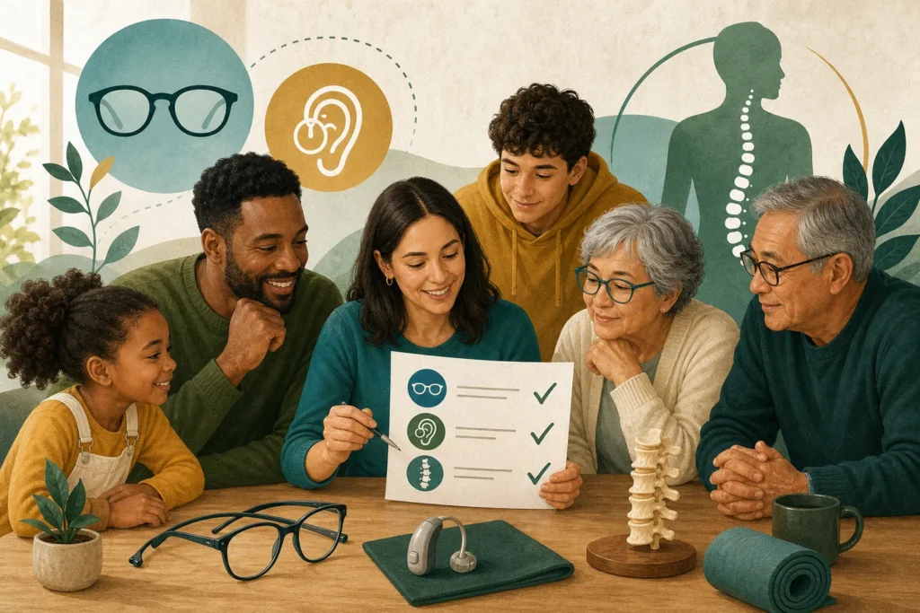 Multigenerational family comparing vision, hearing, and chiropractic savings benefits.
